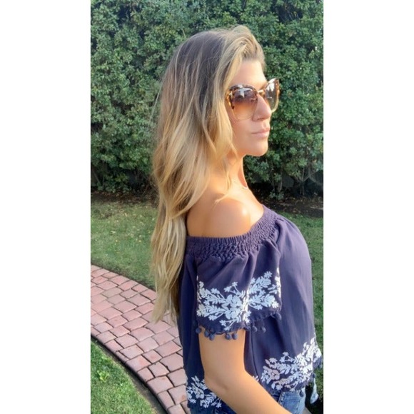 Blue Rain navy blue off the shoulder top with white embroidery - Picture 4 of 11